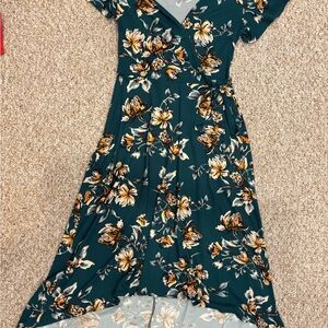 Floral Wrap Dress in Teal and Tan